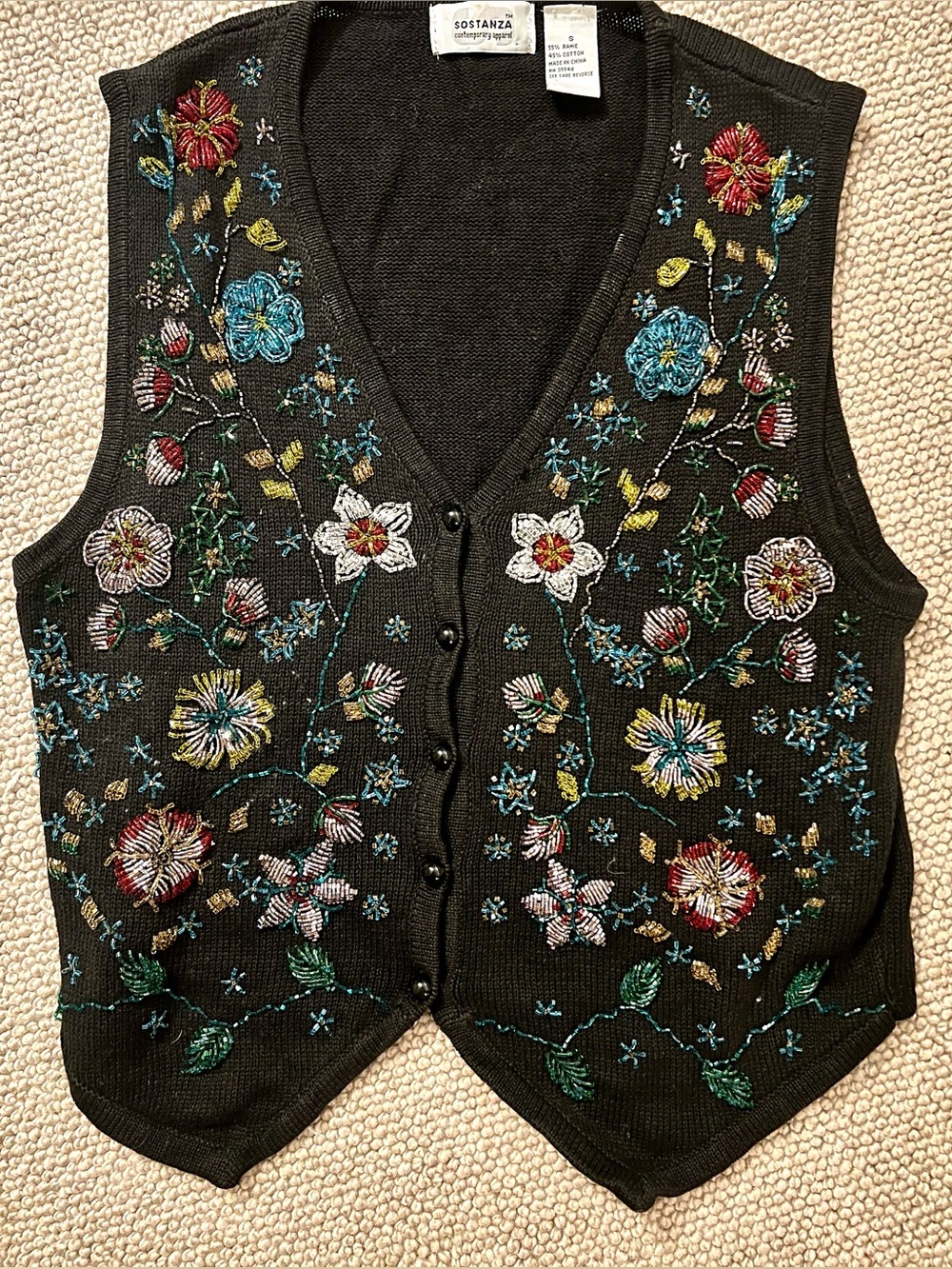 Vintage 90s Sostanza Floral Embroidered Beaded Sweater Vest Black Small
